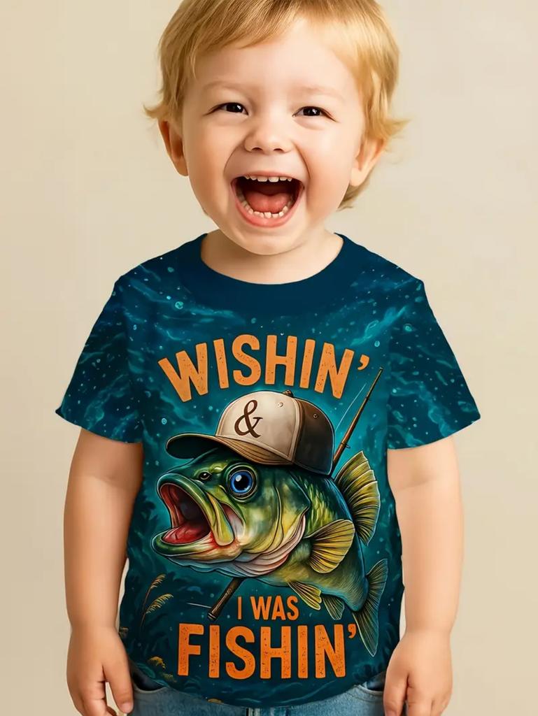 Fish Graphic T-Shirts for Children Short Sleeve Tee Fish Club Solid Casual T-Shirt Top Outdoor Fishing Clothing Children T-Shirt