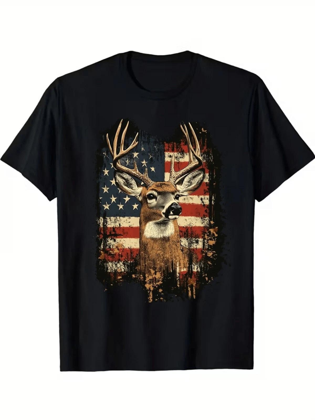 Mens Deer Hunting T Shirt USA Flag Camo Graphic Outdoor Hunting Casual Tee XXXXL