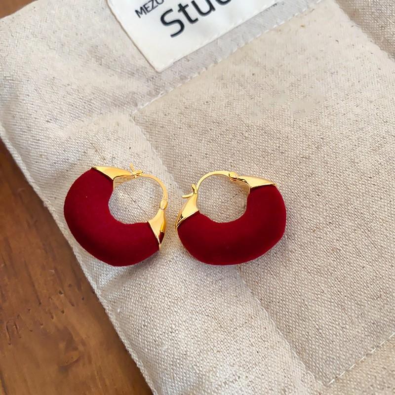 New Year's red flower flocking stud earrings women's niche earrings versatile earrings autumn and winter