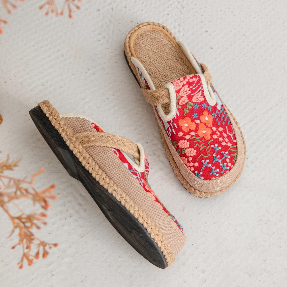 Johnature Εθνικού Στυλ Κεντημένες Παντόφλες από Βαμβάκι Λινό Γυναικείες Χειροποίητες Πλακέ Υφασμάτινες Παπούτσια