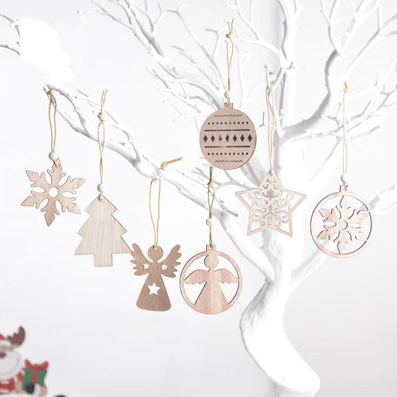 12 Stück Weihnachten Holz Hohl Hängende Dekoration Schneeflocke Rentier Pentagramm Hängende Dekoration Haus Feiertag Weihnachten Deko