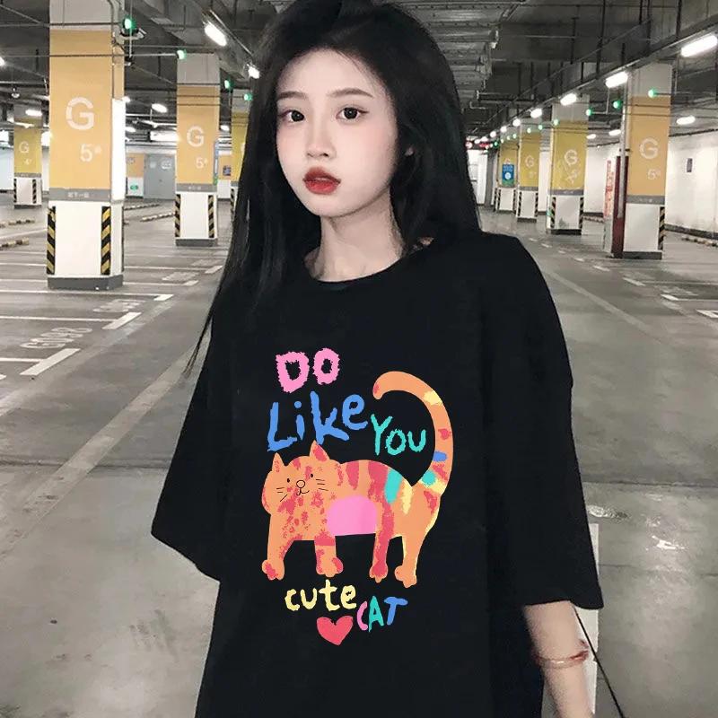 Y2k Tops Women Clothing T-shirt Women Kawaii Summer New Loose Solid Tees Cute Cat Casual Loose Female Oversized O Neck Tshirt