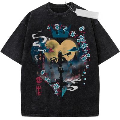 Kingdom Hearts Vintage Lockeres Gewaschenes T-Shirt Persönlichkeitskleidung Geeignet für alle Jahreszeiten Retro Mode Streetwear Trendige Paare