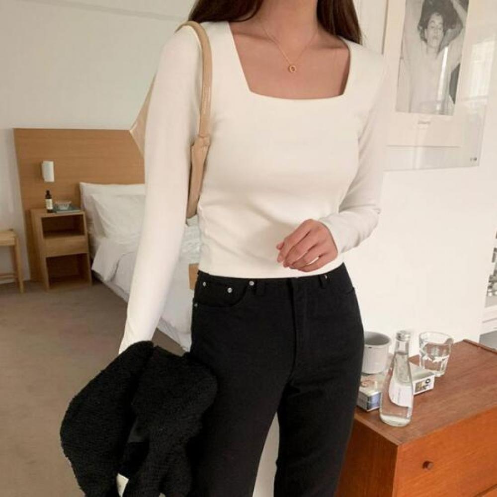 New ArrivalS Open Run Women S Simple T ShirT auTumn Square Neck Slim fiT