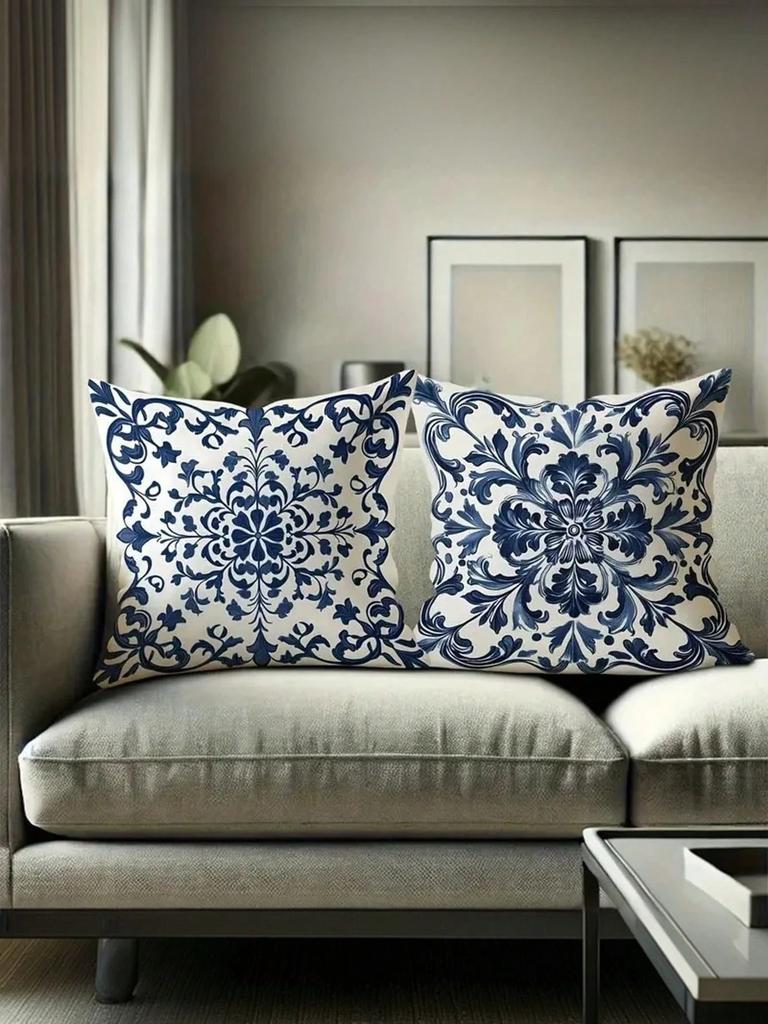 Blue White Floral Pillow Double Sided 2D Print Elegant Soft Pillow Cover Bedroom Living Room Couch Decor Timeless Accessory Gift
