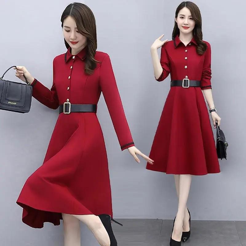Plus Size Waist-Cinched Long Sleeve Shirt Dress for Women - Spring/Autumn 2026 Mid-Length Elegant Style