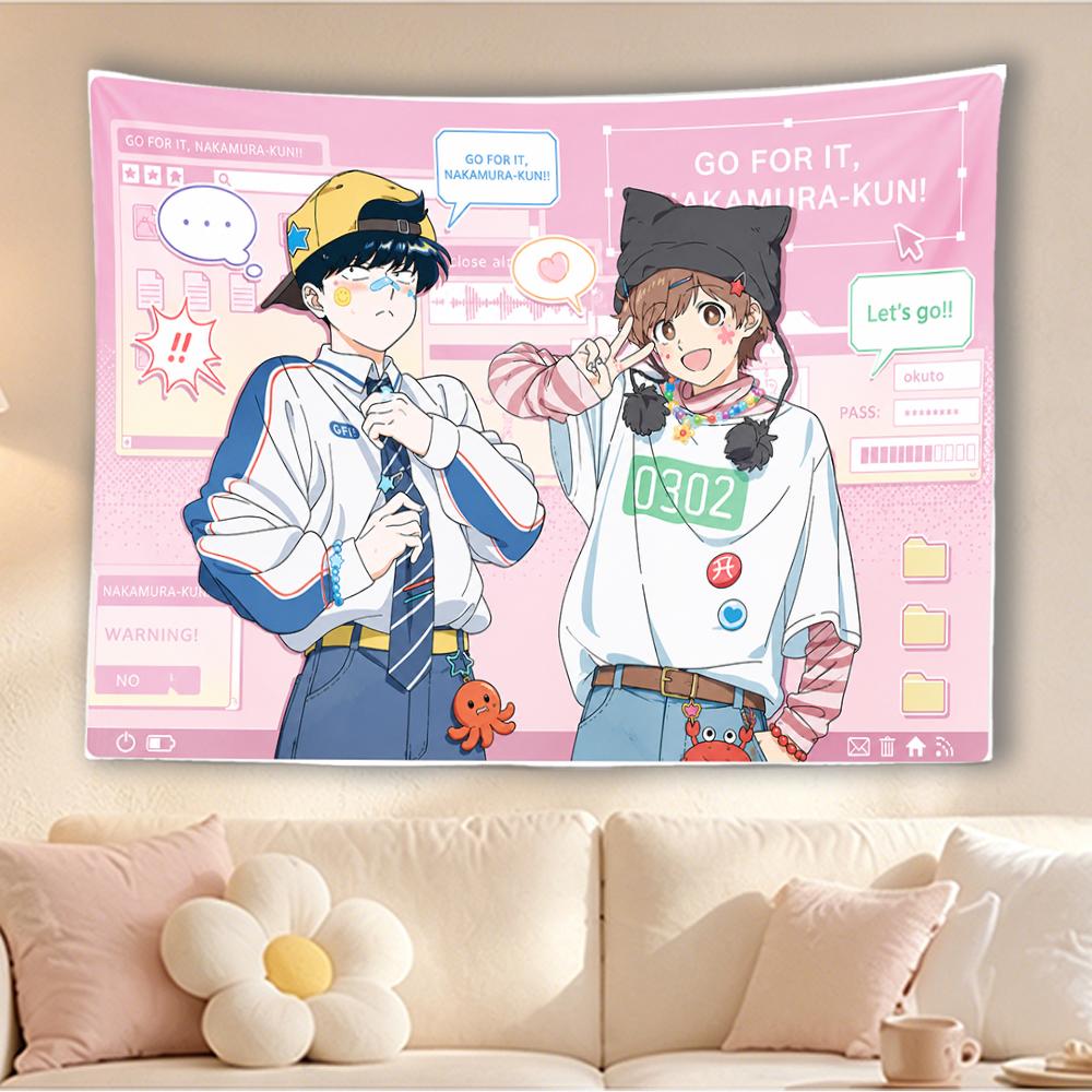 Anime Wall Tapestry Nakamura & Hirose Two Boys Computer UI Pink Background Polyester Wall Hanging For Teen Bedroom Otaku Dorm