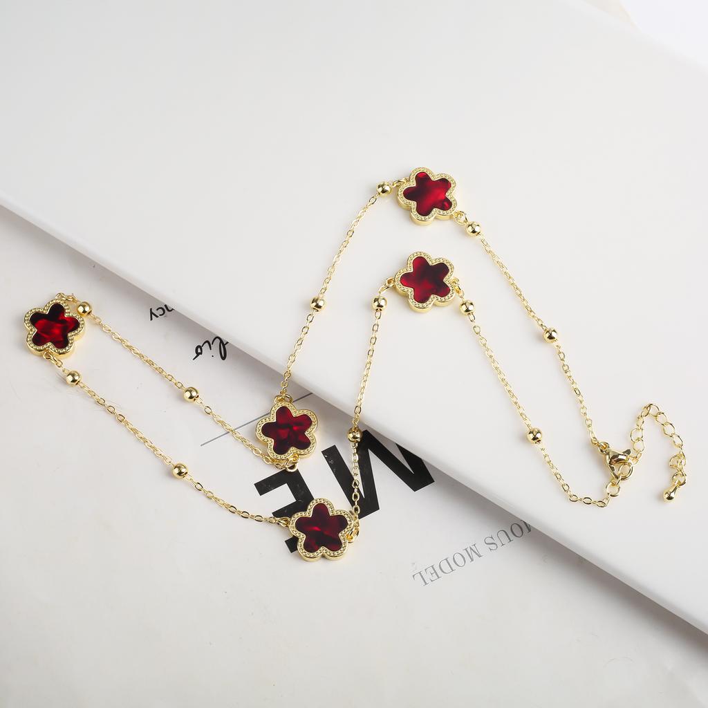 New Sweater Chain Five Point Star Creative Plant Plum Blossom Jewelry Set Shell Simple Bracelet/Necklace/Earrings Women's Clover