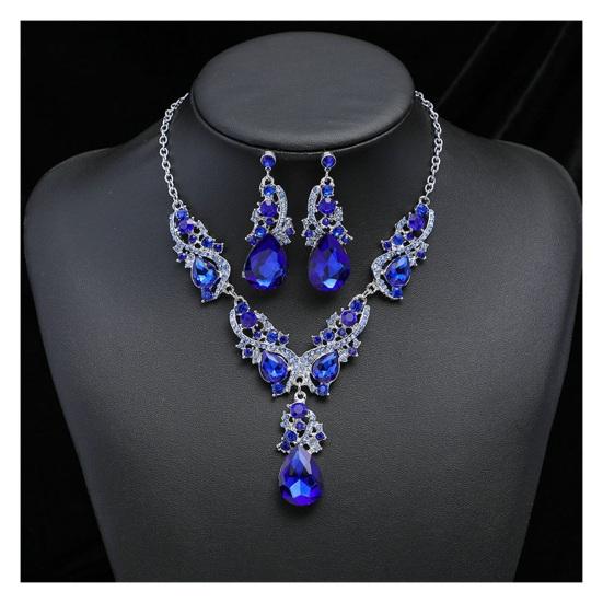 Women Necklace Earrings Rhinestone Luxury Hollow Symmetric Retro Set Out Anti-allergy Hanging Earrings Bridal Wedding