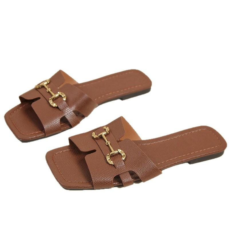 Flat-bottomed Slippers Women's Foreign Trade Summer New Outer Wear Metal Buckle Square Head Cool Slippers European and American Large-size Women's