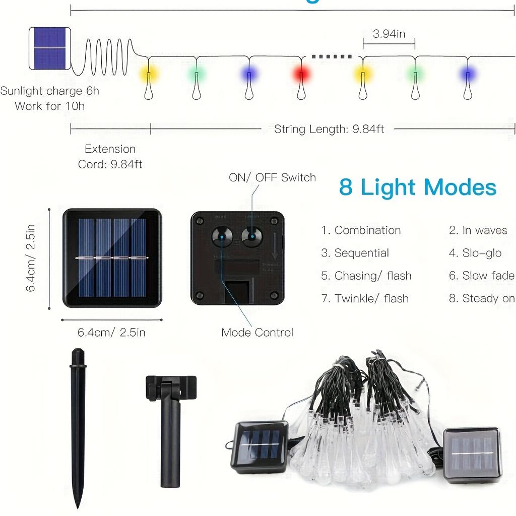 30 Leds Solar IP65 Yard Light Water Drop Lights, String Raindrop LightsSolar Festival Lamp for Birthdays Parties Christmas Decor