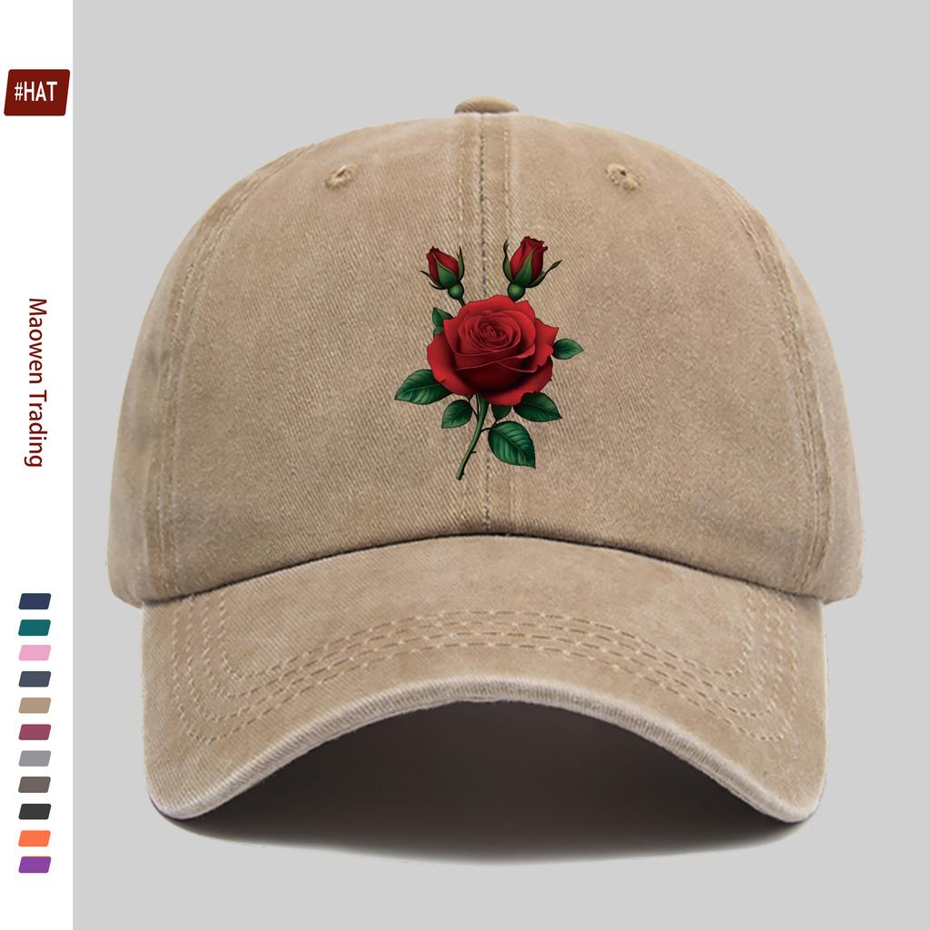 Pc Red Rose Green Leaf Print Baseball Cap for Women Men Adjustable Buckle Strap Lightweight Vintage Sun Hat Suitable for