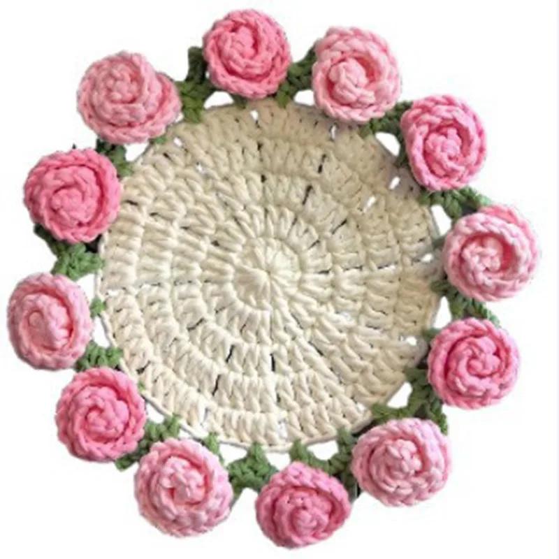 Crochet Coaster Rose Flower Coaster Crochet Flower Placemat Rose Bouquet Cup Pad Coffee Mug Cup Mat Mother's Day Gift
