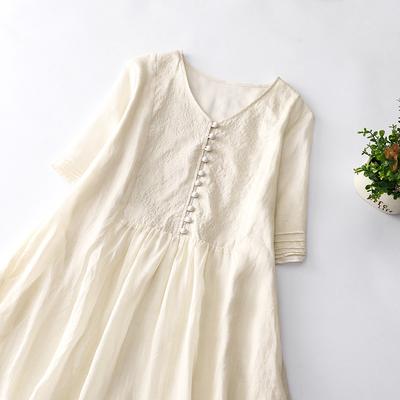 2025 Summer New High-end Embroidered Cotton and Linen Solid Color Rice Apricot V-neck Dress Loose Large Size A-shaped Dress