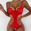 Crotchless Underwear Women Lace Transparent Bra Set Female Bodysuit Deep V Bra Sexy Lingerie Set