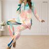 Women Plus Size Printed Two Piece Set Half Zip Neck Long Sleeve Top And Fitted Long Pants