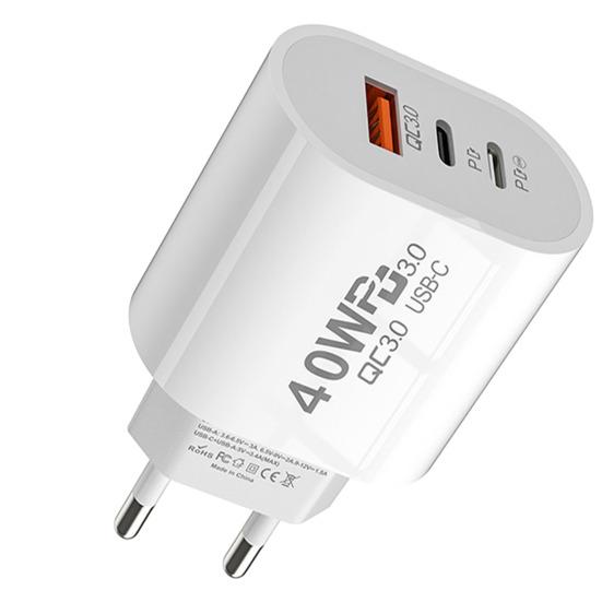 

Travel Charger Adapter 40W Dual PD Type-C/USB Ports Multi-protection EU Plug Compact Reliable Charger Head EU білий
