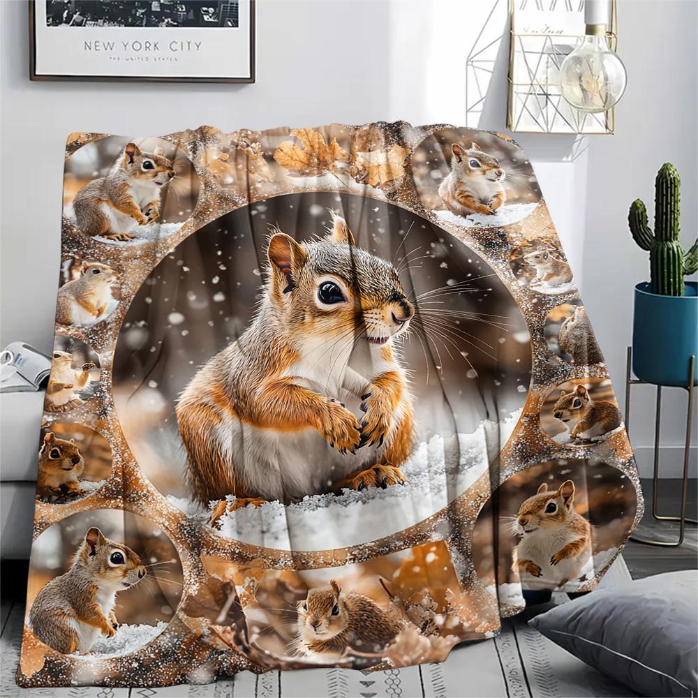 Squirrel Print Flannel Blanket, High quality Comfortable for All Seasons, Home Decor, Warmth and Comfort, Perfect for Christmas Gifts