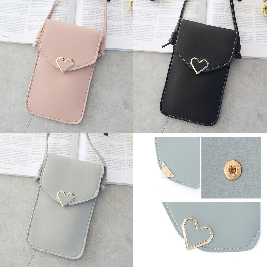 Stylish Women Simple Pu Leather Heart-shaped Decor Transparent Touch-screen Mobile Phone Bag