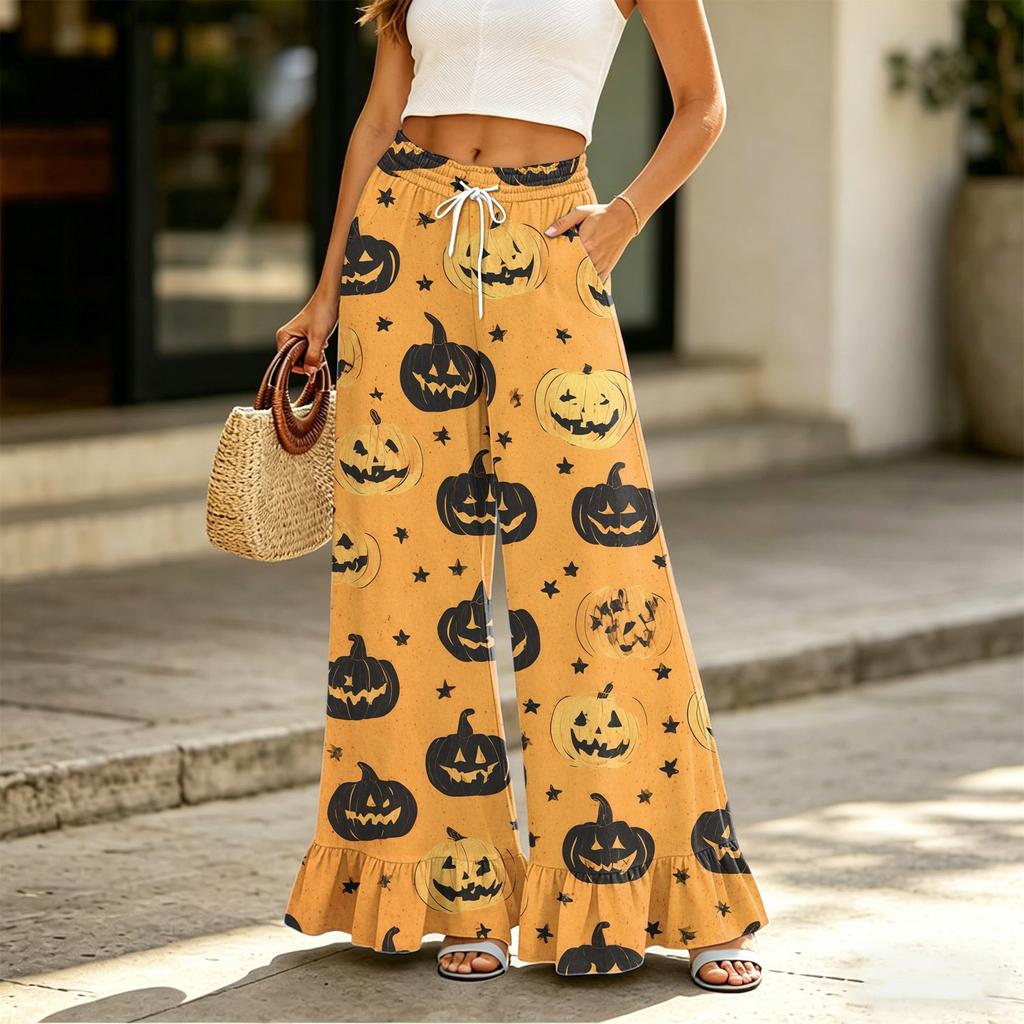 Women High Waist Drawstring Wide Leg Pants with Pockets Halloween Print Loose Fit Casual Long Trousers for Daily Wear