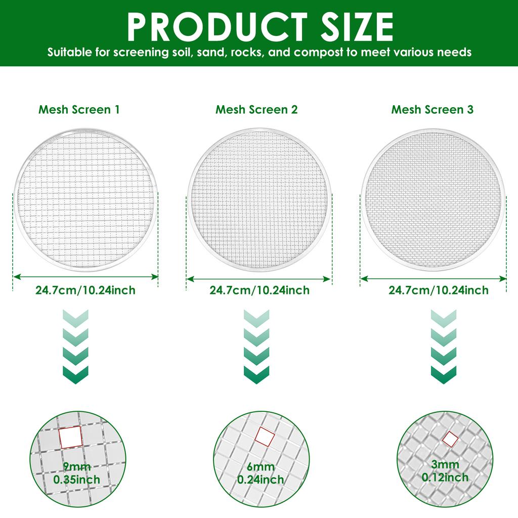 4/6Pcs Soil Sieve Set Stainless Steel Garden Soil Sieve with 3/6/9mm Filter Mesh Rust Resistant Compost Sifter Garden Accessory
