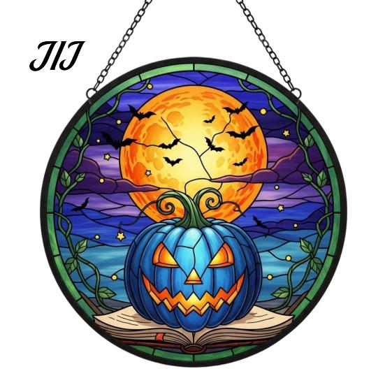 Decorative Hanging Ornaments for Windows Halloween Pumpkin Suncatcher, Stained Glass Style Round Window Ornament, Acrylic Decorations Full Moon