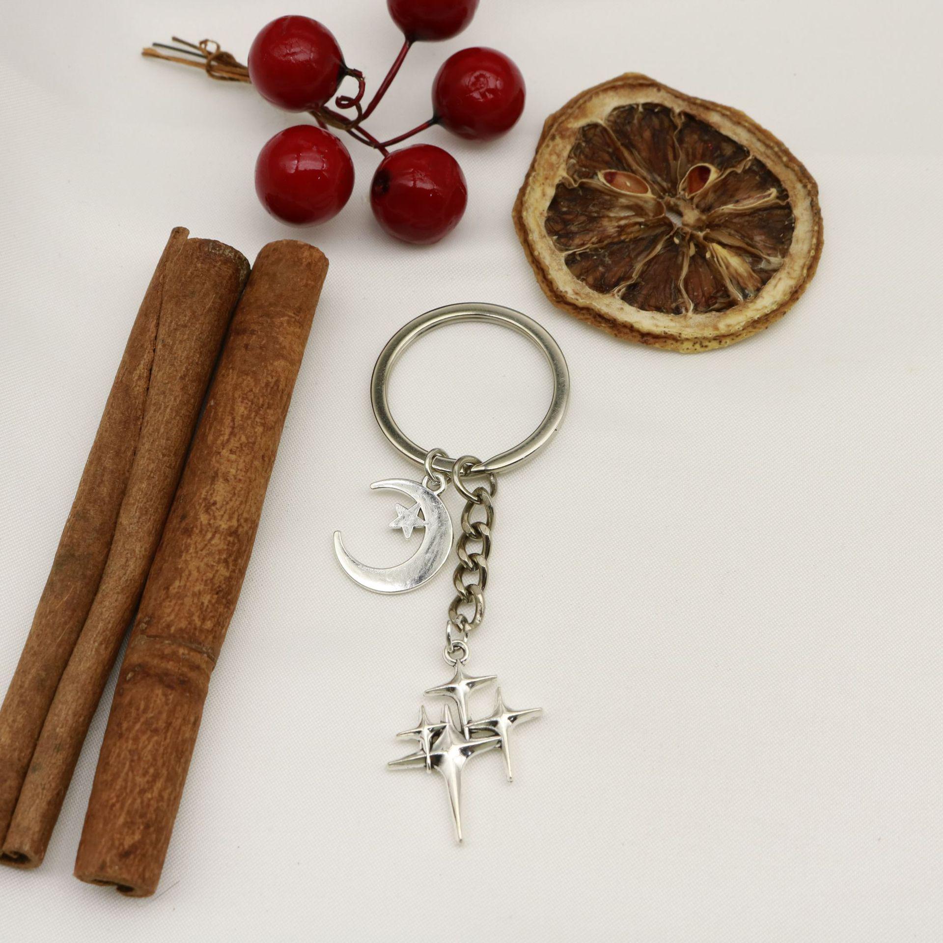 Moon and Star Pendant Keychain with Four-Pointed Star Tassel