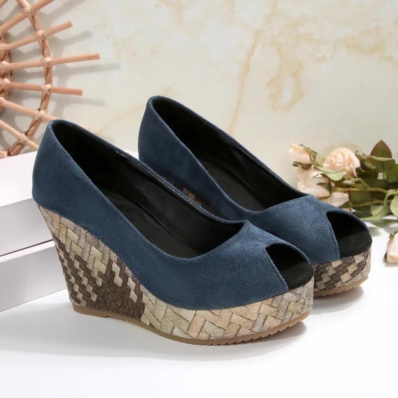 High Heel Single Shoes Frühling Neu Runde Spitze Rindsleder Set Fuß Wasserdicht Plateau Anti-Rutsch Verschleißfest Keilabsatz Schuhe