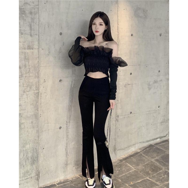 Dámská halenka s dlouhým rukávem a lemováním, černá, s lomeným výstřihem, motýlími rukávy, gázovým volánem, záhybem, elastickým pasem, štíhlým oříznutým topem s dlouhým rukávem, Hotsweet