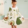 Girls High Neck Long Sleeve Avocado Printed A Line Flared Dress With Fuzzy Collar Cuffs And Bow Waist