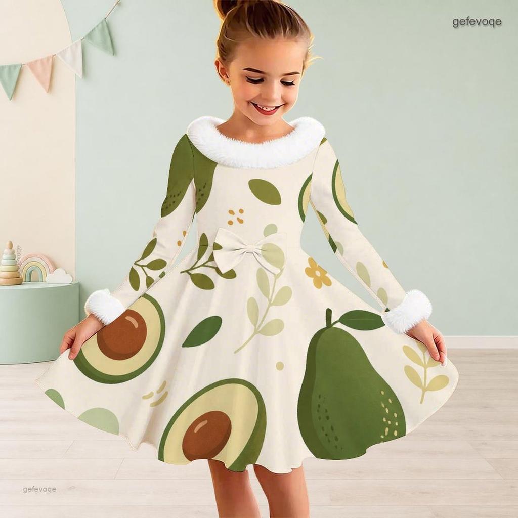 Girls High Neck Long Sleeve Avocado Printed A Line Flared Dress With Fuzzy Collar Cuffs And Bow Waist