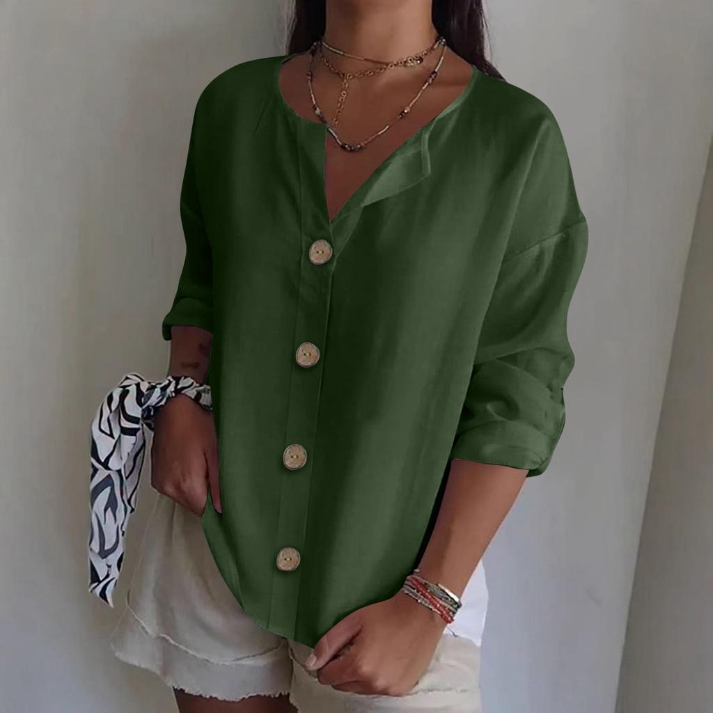 Women's Fashion Casual V-Neck Buttoned 3/4 Sleeve Cotton Linen Top