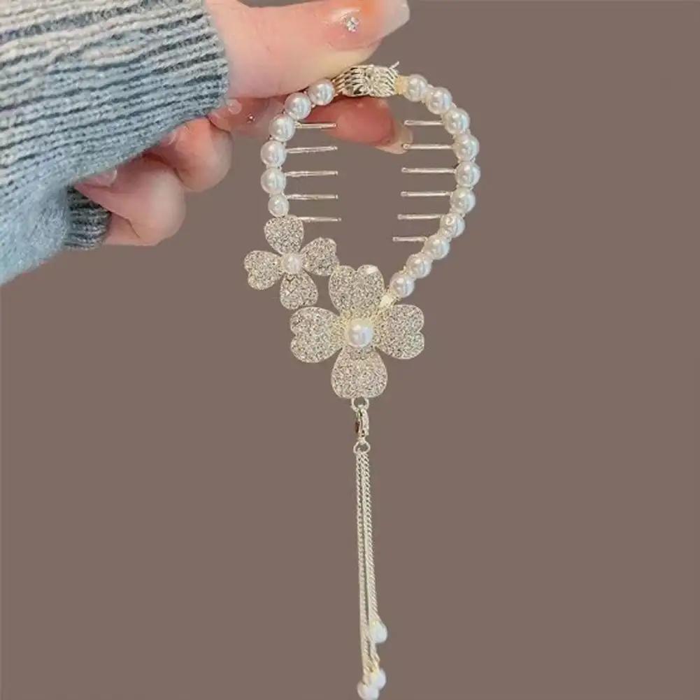 Elegant Tassel Hair Claw Rhinestone Pearl Flower Tassels Hair Clip Women Girl Ponytail Holder Hairpins Fringe Hair Accessories