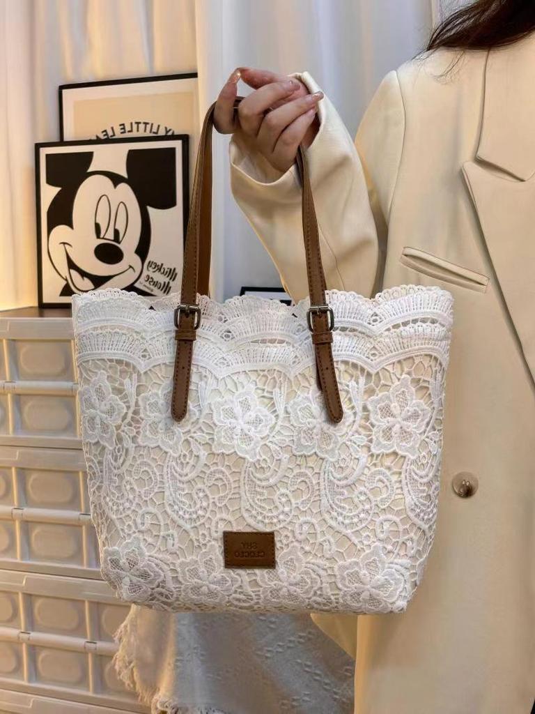 Women White Lace Flower Embroidery Tote Summer Seaside Travel Vacation Beach Bag Shoulder Retro Handbag 2025 New