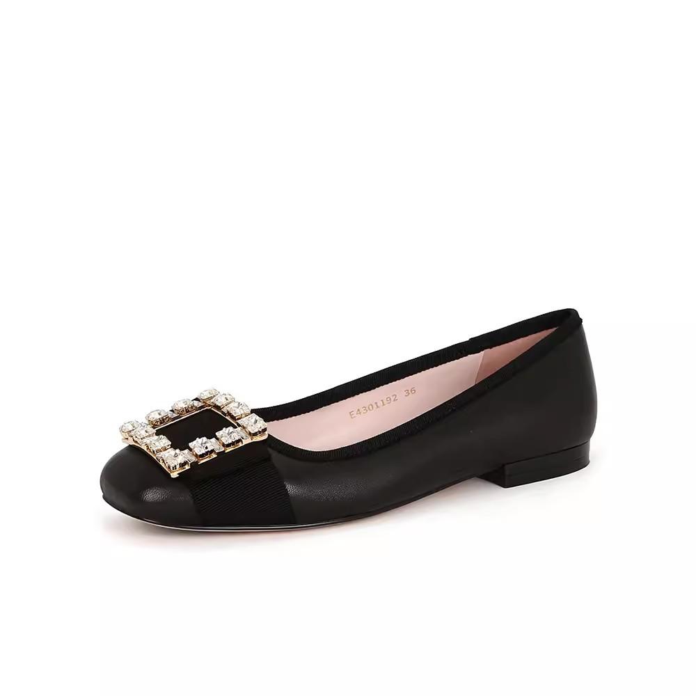 

Sheepskin version Su Yinyin same French square head leather rhinestone square buckle shallow mouth flat bottom one pedal commuter single shoes women 35