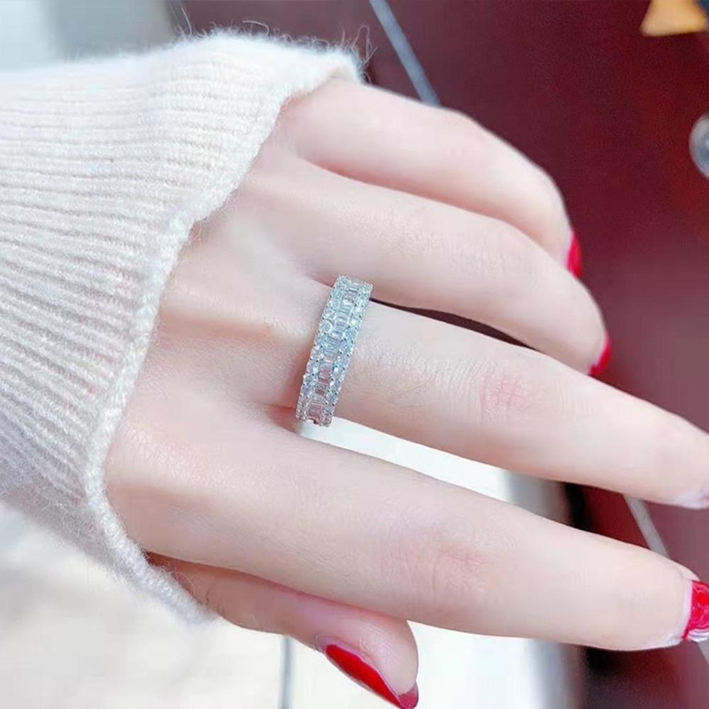 Elegant 18K Gold Plated Full Diamond Square Zirconia Ring for Women Fashion Stackable Band adjustable