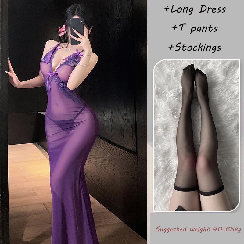 Sexy Long Dress Erotic Lingerie See Through Lace Dress Passionate Temptation OL Uniform Flirting Uniform Nightclub Tight Suit