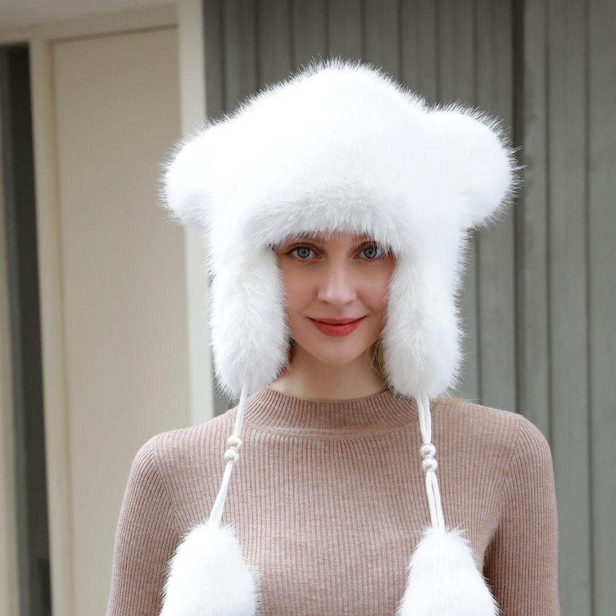 

Mao Mao Lei Feng hat women s thickened warm hairball ear protection hat winter velvet imitation fur fox hair white cotton hat M（56-58cm） білий