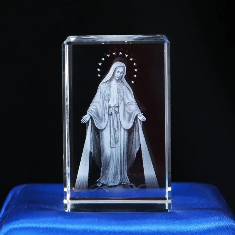 3D  Crystal Cube Christian Jesus Cross Figurine Home Decor Virgin Mary Laser Engrave Crystal Religious Gifts for Women's Birth
