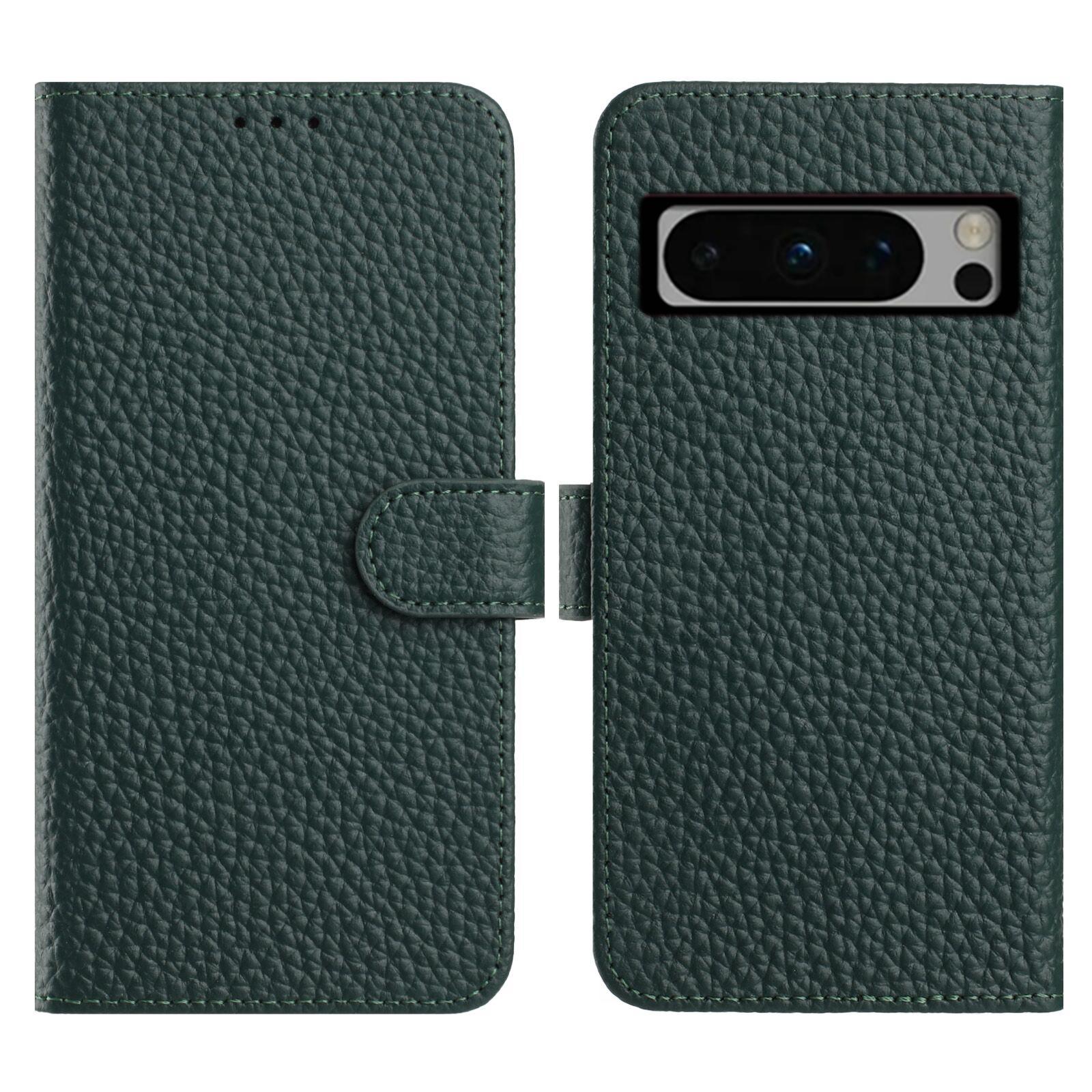 

For Google Pixel 8 Pro Case Wallet Stand Litchi Texture Genuine Cow Leather Flip Phone Cover Green