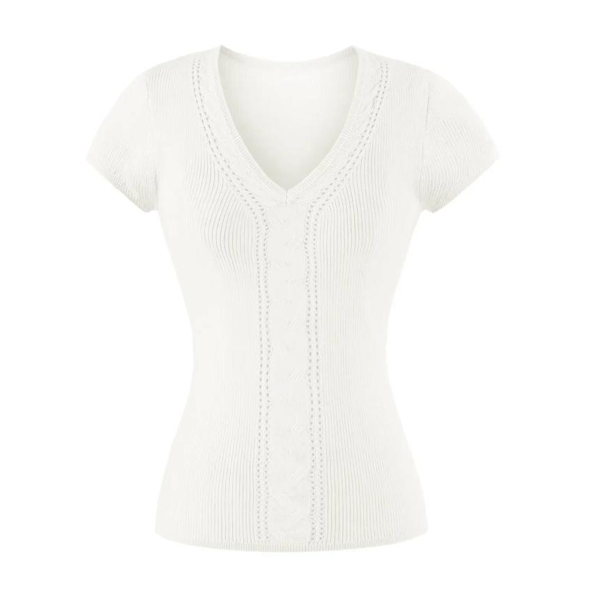 Twisted hollow short-sleeved T-shirt women's summer new American Spice Girl solid color V-neck slim-fitting knitted bottoming top