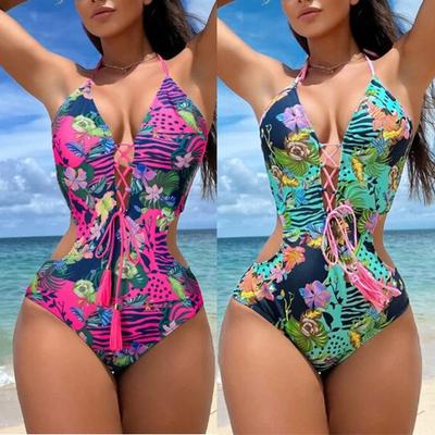 High Waisted Bikini Sets Für Frauen Einteiliger Badeanzug Überkreuzte Träger Quastenverschluss Taille Ausgeschnittener Rücken Schnallen-Bikini Sexy