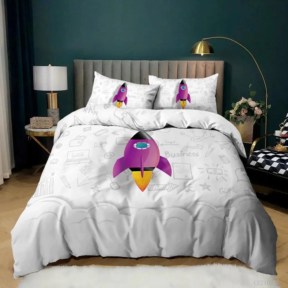 Cartoon Science Fiction Space Themed Earth Rocket Comfortable Duvet Quilt Cover Pillowcase Bedding Set Decoration Home Textile