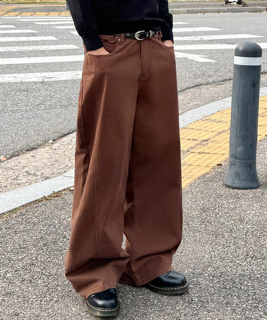 Jikeulib Brushed Brown Curved Cut-Line Wide Cotton Pants