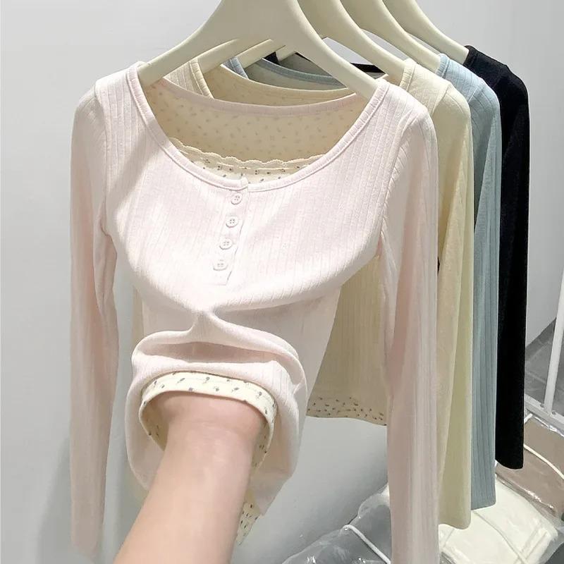 Camiseta de Manga Larga para Mujer Primavera y Otoño Estilo Francés Ajustada Ropa de Mujer con Falso Dos Encaje Y2k