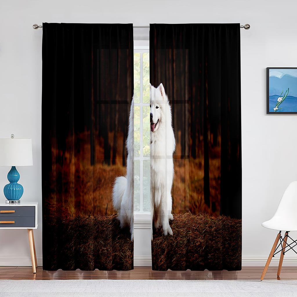 Doi Câini Samoyed Drăguți în Zăpadă Perdele Tulle pentru Decor Living Dormitor Bucătărie Perdea Voal Transparent Modern Draperii Fereastră