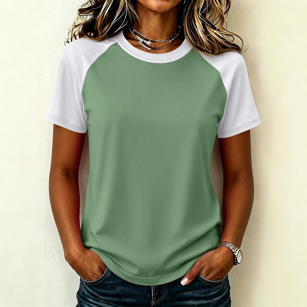 Women Casual Short Sleeve Raglan Sleeve T Shirt Crew Neck Color Block Loose Fit Lightweight Summer Top