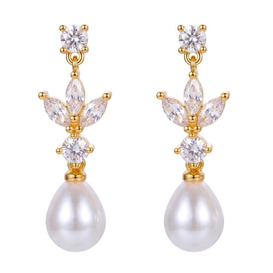 1 Pair Drop Earrings Imitation Pearl Cubic Zirconia Camellia Design Pendant Earrings Bridal