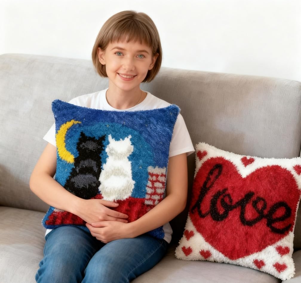 YEESAM ART Latch Hook Cushion Kit for Adults Beginners Black White Moon Printed Latch Hook Pillow Kit DIY Embroidery Set Pillow Cover Home Sofa Decor