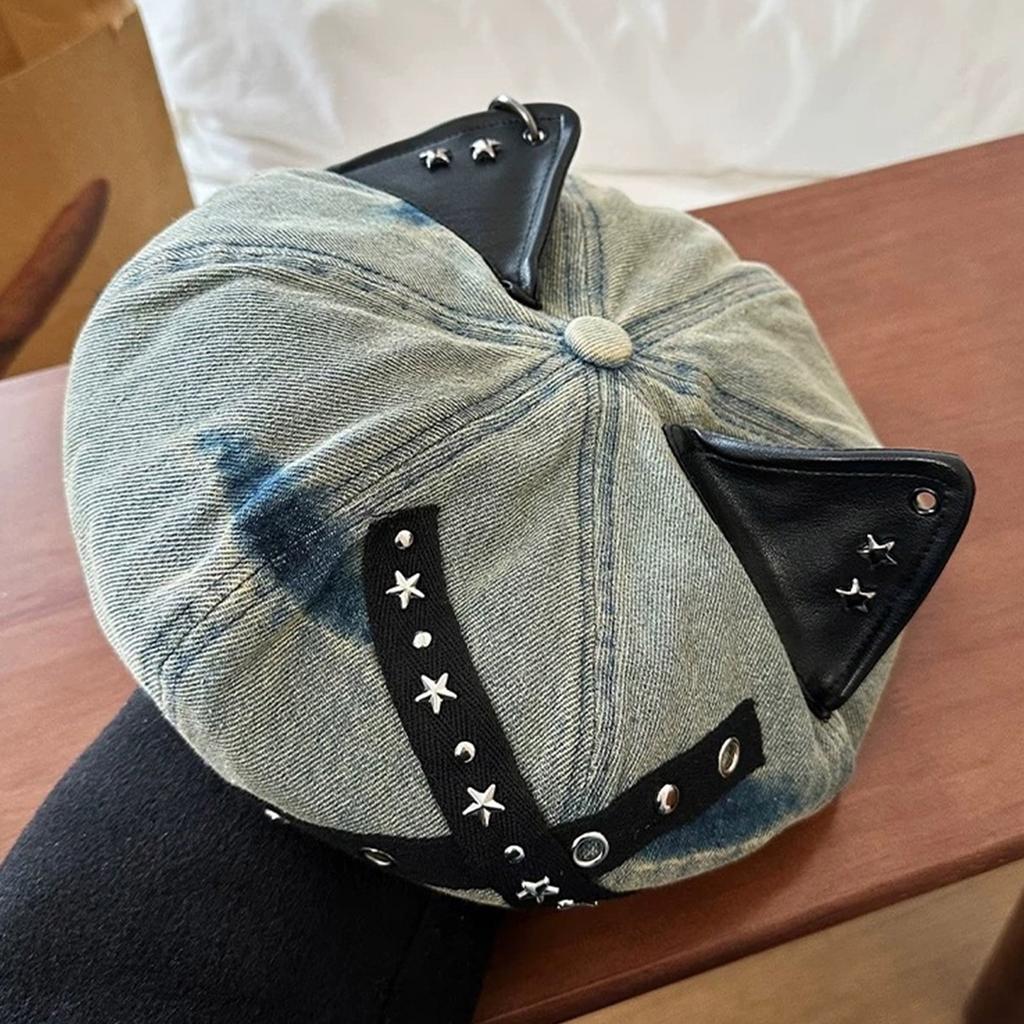 Soft Cotton Studded Cats Ear Hat Adjustable Head Size Vintage Unisex Beret For Theme Event Outfits